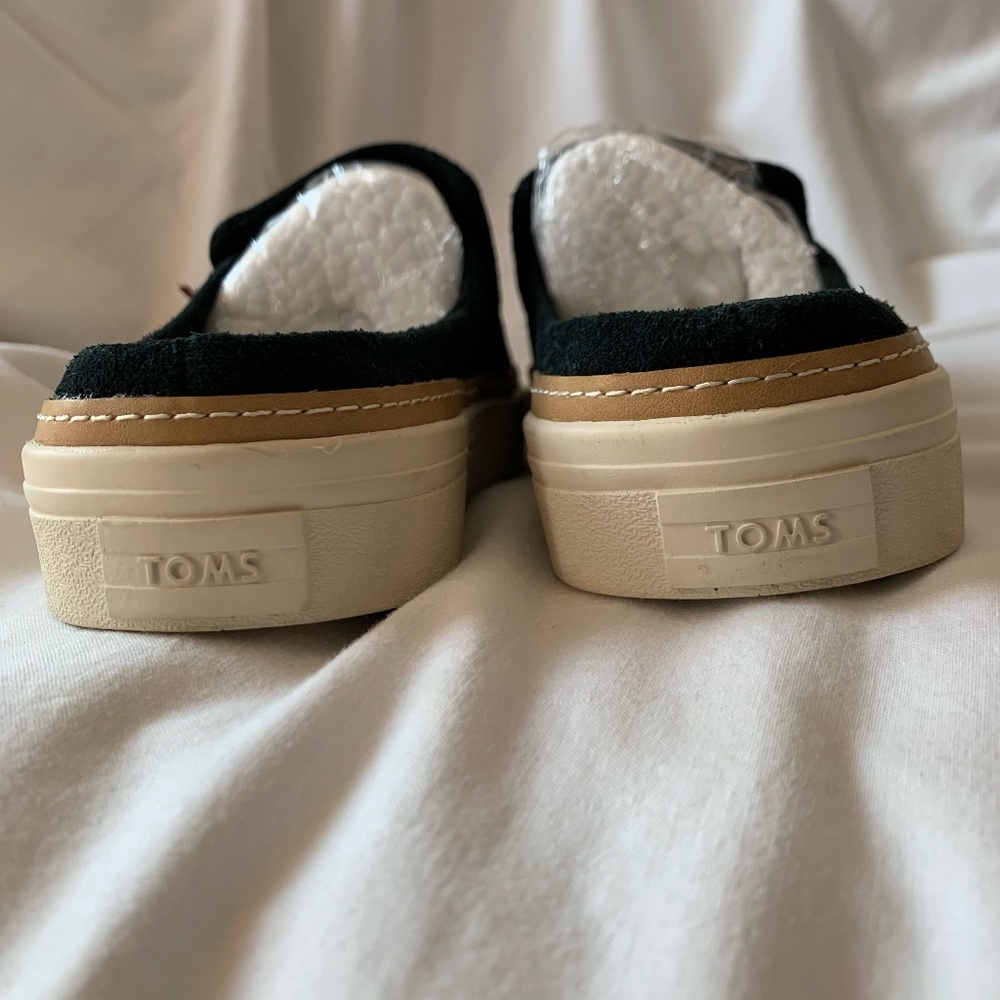 Toms Black Suede Tassel Backless Mules with Tan Sole - Picture 5 of 10